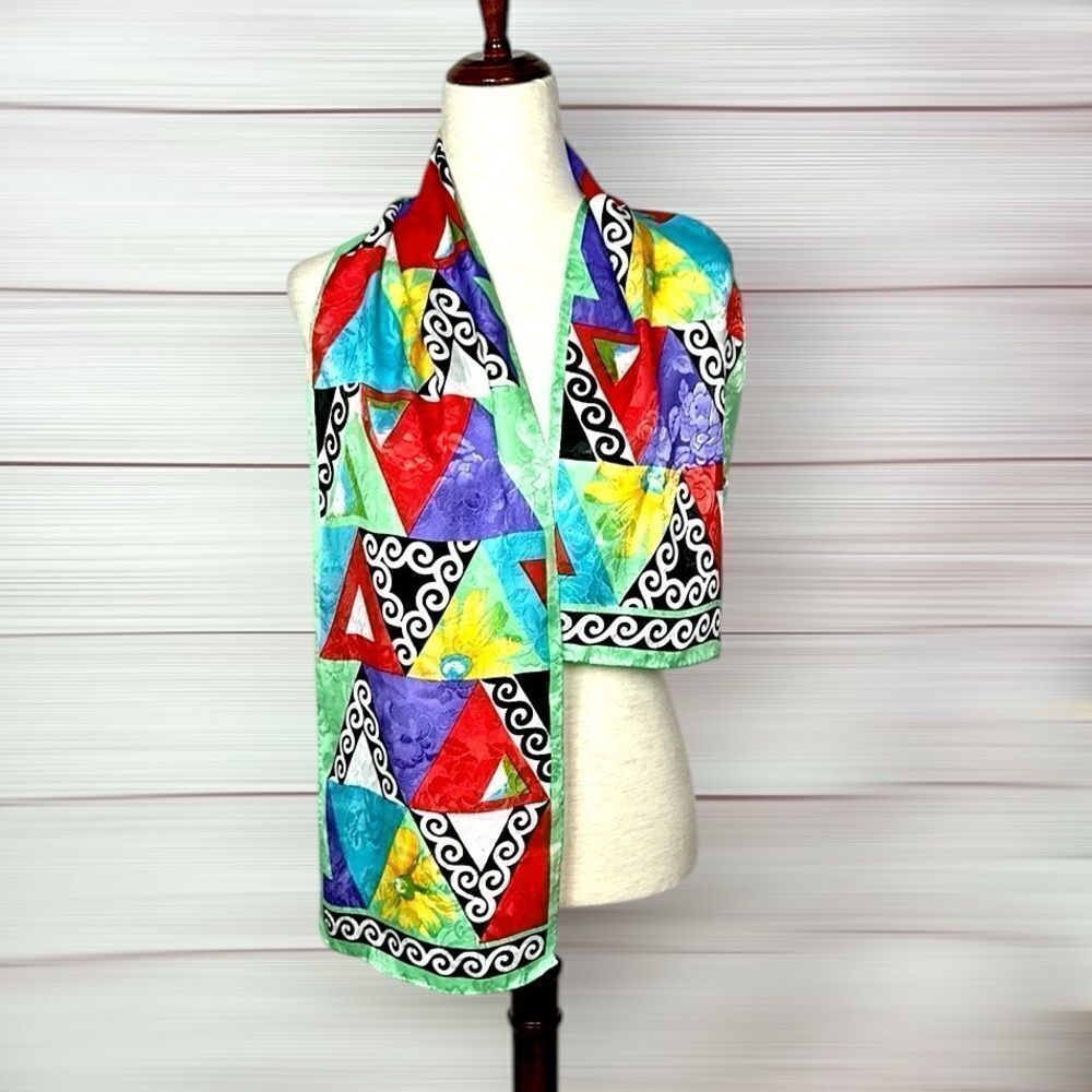 HONEY Silk Rectangle Scarf Colorful Geometric Pattern - Picture 2 of 7